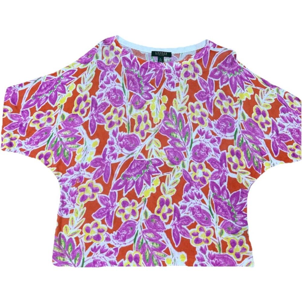 LAUREN RALPH LAUREN Woman’s Cotton Blend Floral Batwing Sleeve Blouse Petite